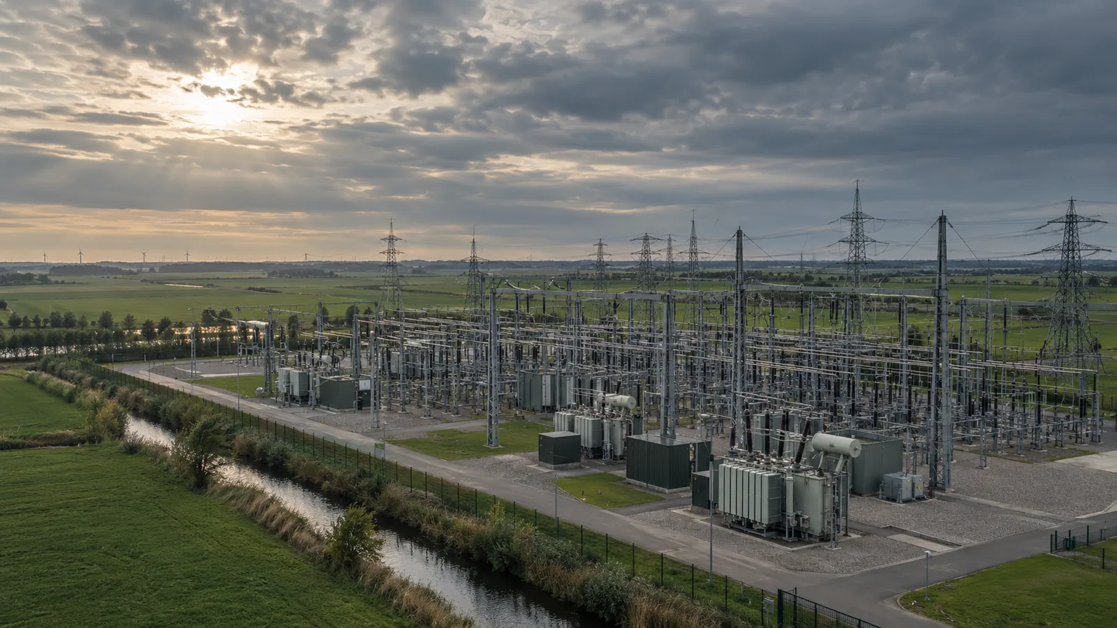 An electrical substation surrounded by green fields